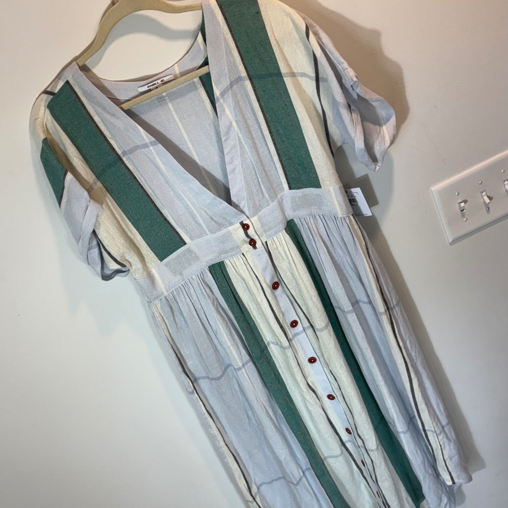 O'Neill Women's Midi Dress XL Green Striped V-Neck Button Front NWT Boho Cotton